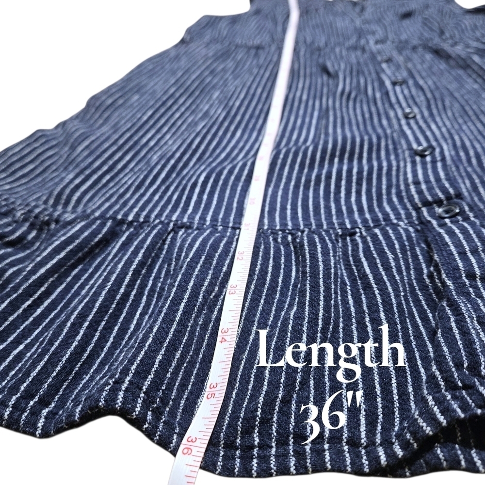Wmns Navy Blue Striped Button Front Dress M Sleeveless Linen Beach Coastal Chic - Picture 14 of 14